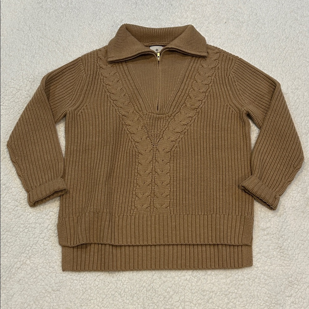 Tuckernuck Camel Quarter Zip Estella Wool Sweater size XS Cable Knit Detail